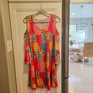 Simply Southern Coral Pink Pineapple Cold-Shoulder Mini Dress